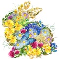 Watercolor bunny flowers and butterflies. Royalty Free Stock Photo