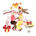 Watercolor bunny illustration. Cute Cartoon loving rabbits in cafe.