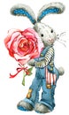 Watercolor bunny rabbit and rose flower illustration.