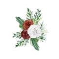 Watercolor burgundy floral bouquet. White and red rose, fir branch. Greenery illustration Royalty Free Stock Photo