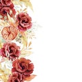 Watercolor Burgundy flower banner. Fall autumn botanical dried floral border in boho style with red rose. Pampas grass Royalty Free Stock Photo