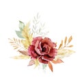 Watercolor Burgundy flower bouquet. Fall autumn floral illustration. Boho floral red rose wedding design. Modern pampas grass Royalty Free Stock Photo