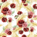 Watercolor burgundy flowers and pampas grass seamless pattern. Hand drawn red, wine, rich rose, peonies, bohemian floral