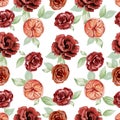 Watercolor burgundy flowers seamless pattern. Hand drawn red, wine, rich rose, peonies, bohemian floral