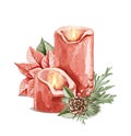 Watercolor burning candles decorated with Christmas tree branches, berries and pine cones