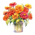 A bushel basket of red, orange, yellow, zinnias flowers bouquet