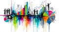 Watercolor Business Data Visualization with Charts Graphs and People Figures Royalty Free Stock Photo