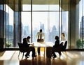 Watercolor of Business discussing over model of building in meeting room at modern