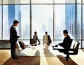 Watercolor of Business discussing over model of building in meeting room at modern
