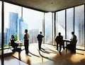 Watercolor of Business discussing over model of building in meeting room at modern