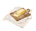 Watercolor butter illustration. Hand drawn sliced stick of butter on wood cutting board and textile napkin isolated on