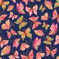Watercolor butterflies on blue background seamless pattern. Hand painted beautiful butterfly illustration Royalty Free Stock Photo