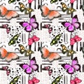Watercolor butterflies seamless pattern. Insects, hand written text in decorative texture. Aquarelle red winged moth Royalty Free Stock Photo