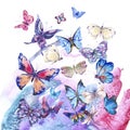 Watercolor butterflies vintage card, Ultraviolet butterfly