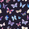Watercolor Butterflies Vintage Seamless Pattern, Colorful Nature Abstract Texture On White