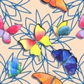 Watercolor Butterfly and geometric mandala spring seamless pattern on beige background