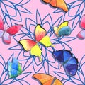 Watercolor Butterfly and geometric mandala spring seamless pattern on pink background