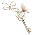 Watercolor butterfly on old key with a rope and bow. Template illustration of antique metal object and insect. Hand