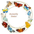 Watercolor butterfly round frame from different tipe of butterflies, with place for text. Hand painted vibrant illustration