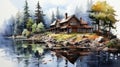 Watercolor Cabin Woods and Floating River in Forest