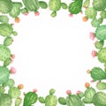 Watercolor Cactus Frame with Pink Flowers Royalty Free Stock Photo