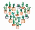 Watercolor cactus heart set. Tropical floral set. Valentines day cactus heart. House plant set. Cactus clipart. cactus with