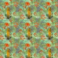 Watercolor cactus, orange flower and tropical leaves isolated on green backgound. Exotic background Royalty Free Stock Photo