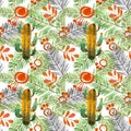 Watercolor cactus, orange flower and tropical leaves isolated on white backgound. Exotic background Royalty Free Stock Photo