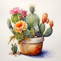 Watercolor Cactus Plants With Flowers: Classic Still-life In Terracotta Royalty Free Stock Photo