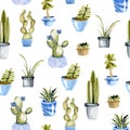 Watercolor cactuses in a blue pots seamless pattern