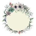 Watercolor cactuses label with flowers and leaves. Hand painted colorful succulent, pink berry, white anemone and