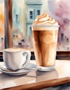 Watercolor, Caffe Latte, coffe, latte, perfect poster for bakery, coffeehouse