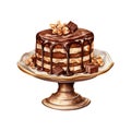 Watercolor cake with chocolate smudges and walnut on gold vintage stand. Isolated illustration for menu design, pastry Royalty Free Stock Photo