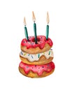 Watercolor cake of donuts in a glaze with three candles. Ironic composition for greeting theme. Royalty Free Stock Photo
