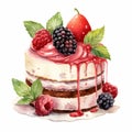 Watercolor Cake Illustration With Fresh Berries - Realistic And Eye-catching