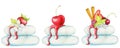 Watercolor cake set with three hand painted cakes isolated on the white background. Royalty Free Stock Photo