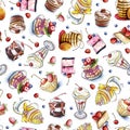 Watercolor cakes seamless pattern, design for fabric, ice-cream hand-drawn, cherry, honeysuckle, strawberry Royalty Free Stock Photo