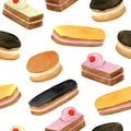 Watercolor cakes seamless pattern. Hand drawn fruit cream biscuit, eclair with chocolate glaze, dessert. Sweet food