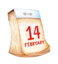 Watercolor calendar with tear-off pages retro style red date 14 february on old yellowed pages