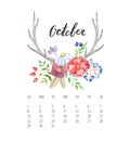 Watercolor Calendar template for October 2017 year