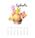 Watercolor Calendar template for September 2017 year