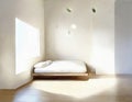 Watercolor of A calm bedroom with a platform white simple wooden natural and empty