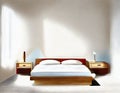 Watercolor of A calm bedroom with a platform white simple wooden natural and empty