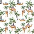 Watercolor camel and palm vector pattern