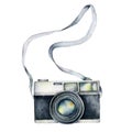 Watercolor camera card. Hand painted photographic equipment illustration isolated on white background. For design Royalty Free Stock Photo