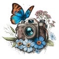 Watercolor camera with flowers sketch Wildflowers