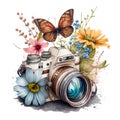 Watercolor camera with flowers sketch Wildflowers