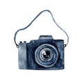 Watercolor camera. Hand painted photographic equipment illustration isolated on white background.