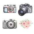 Watercolor camera illustration set, delicate pink peony floral arrangements, flowers and greenery bouquet cliparts, vintage