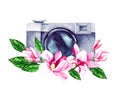 Watercolor camera with magnolias and twigs on a white background